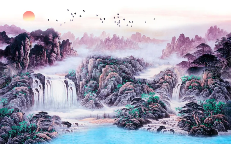 编号：70974307011337371294【酷图网】源文件下载-新中式意境国画山水风景电视背景