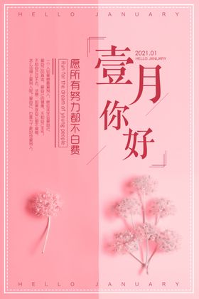 唯美粉色背景一月你好创意海报