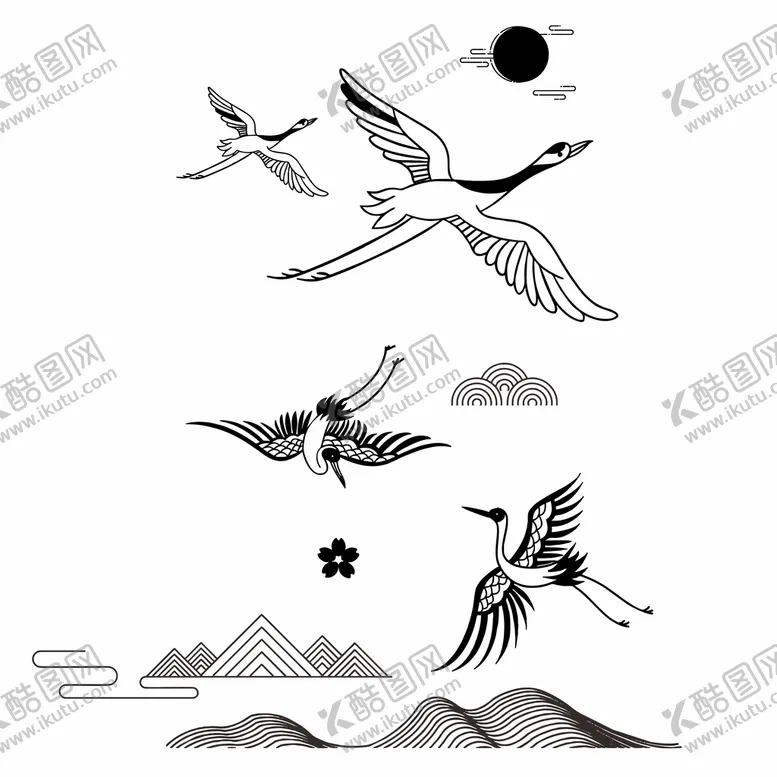 编号：33203002070006497613【酷图网】源文件下载-中国风仙鹤山峦元素线条国潮仙鹤