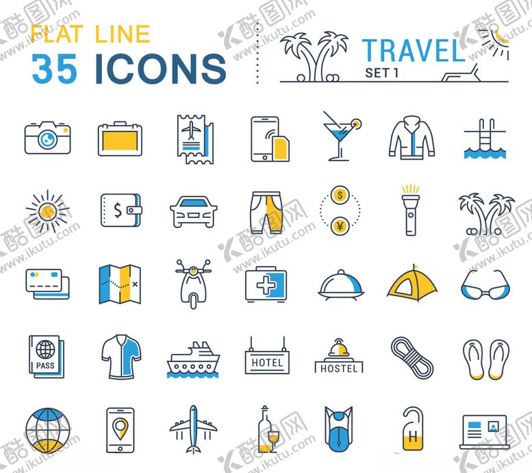 编号：26888704030034198774【酷图网】源文件下载-旅行相关扁平线条图标集