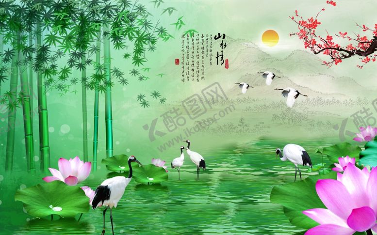 编号：78218706030839047983【酷图网】源文件下载-荷塘仙鹤竹林诗意美景