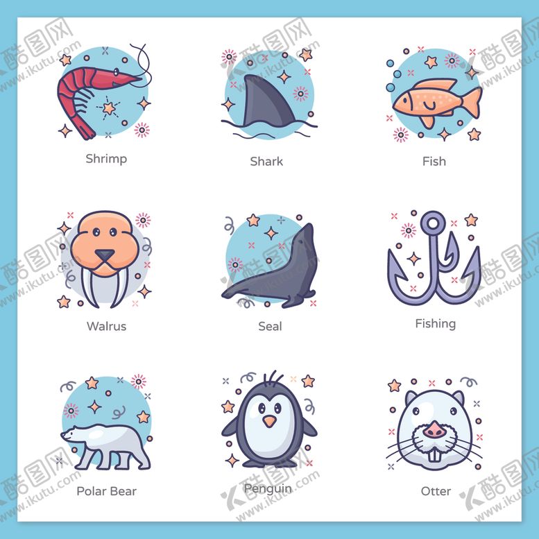 编号：10668410020325219075【酷图网】源文件下载-可爱海洋动物卡通图案集