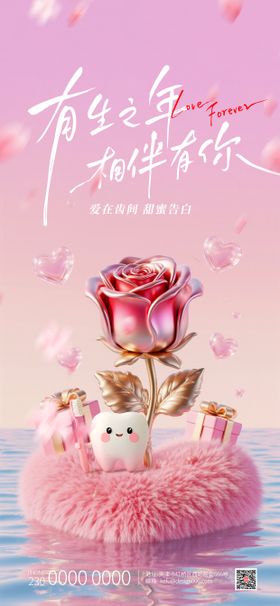 粉色3D玫瑰情侣情人节口腔海报