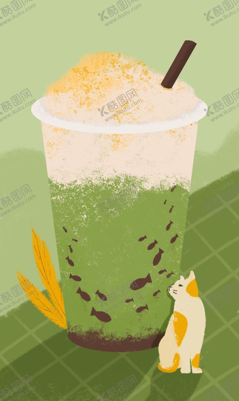 编号：39482109150952138612【酷图网】源文件下载-猫咪与抹茶红豆奶茶插画