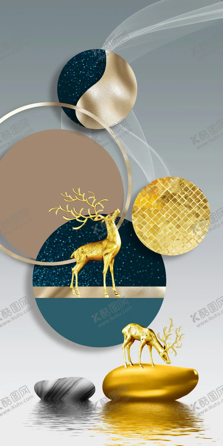 编号：71034509232054592168【酷图网】源文件下载-轻奢麋鹿石头艺术挂画装饰画