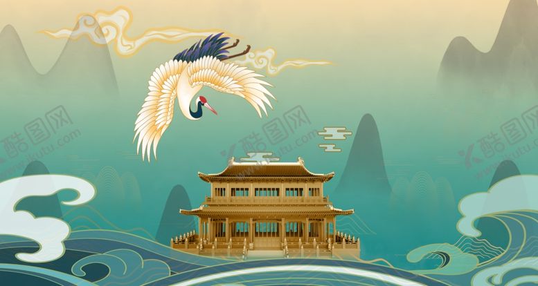 编号：60404805142226047653【酷图网】源文件下载-大气仙鹤楼台国风插画