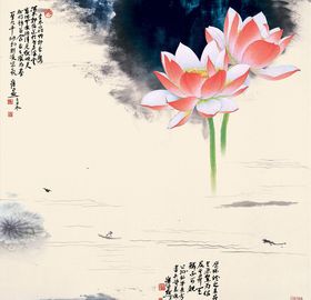 水墨山水小船荷花背景墙