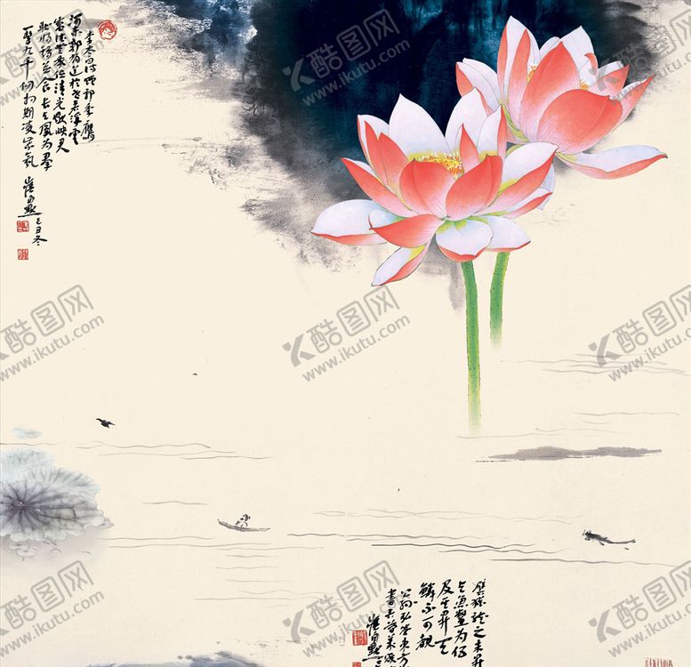 编号：94377705122119558055【酷图网】源文件下载-水墨山水小船荷花背景墙