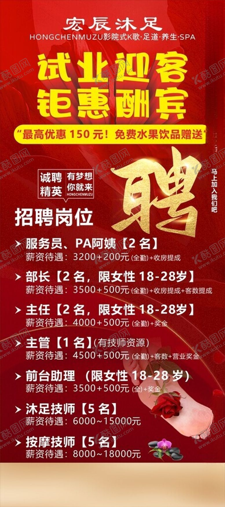 编号：45853302271348414971【酷图网】源文件下载-浴足店招聘展架