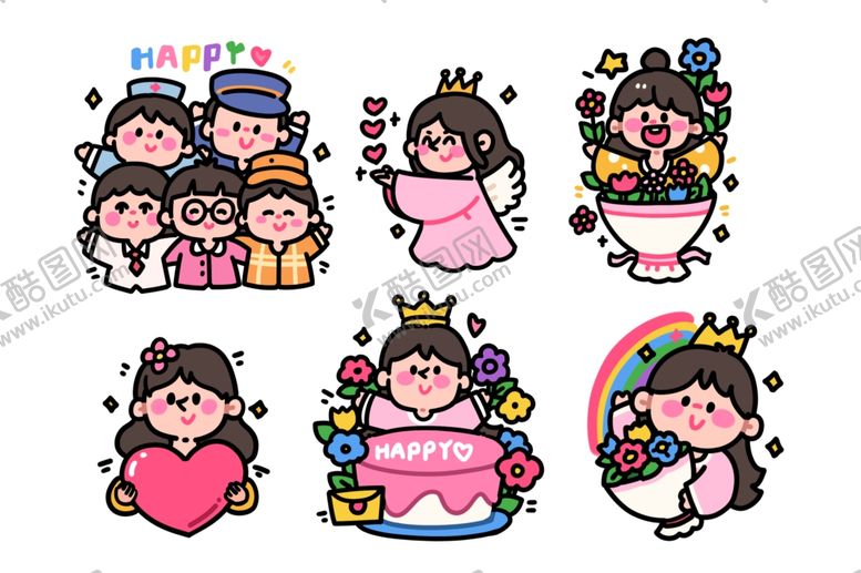 编号：73261504021857298046【酷图网】源文件下载-手绘卡通国际妇女节小贴纸