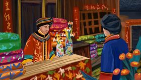 传统集市摊位前的交易场景