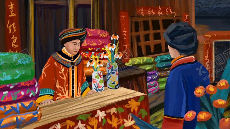 编号：26022504141216082089【酷图网】源文件下载-传统集市摊位前的交易场景