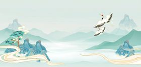 水墨山水间飞鸟翱翔