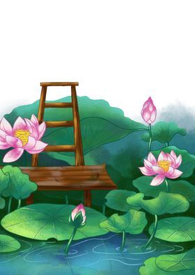 荷花手绘卡通插图叶