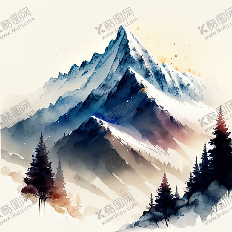 水彩雪山松林浓墨淡画