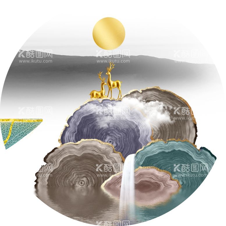 编号：55878612100946094324【酷图网】源文件下载-流水麋鹿圆形挂画装饰画