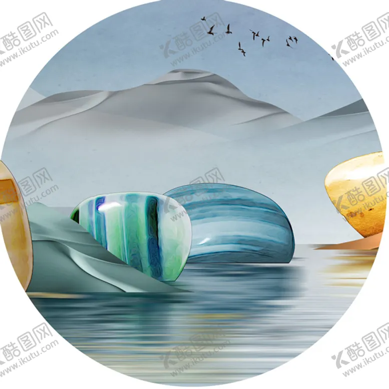 编号：69512411160534541223【酷图网】源文件下载-水彩鹅卵石水墨湖畔挂画