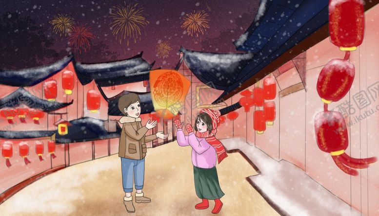 编号：37768709190010054918【酷图网】源文件下载-新年过节灯笼女孩插画卡通背景