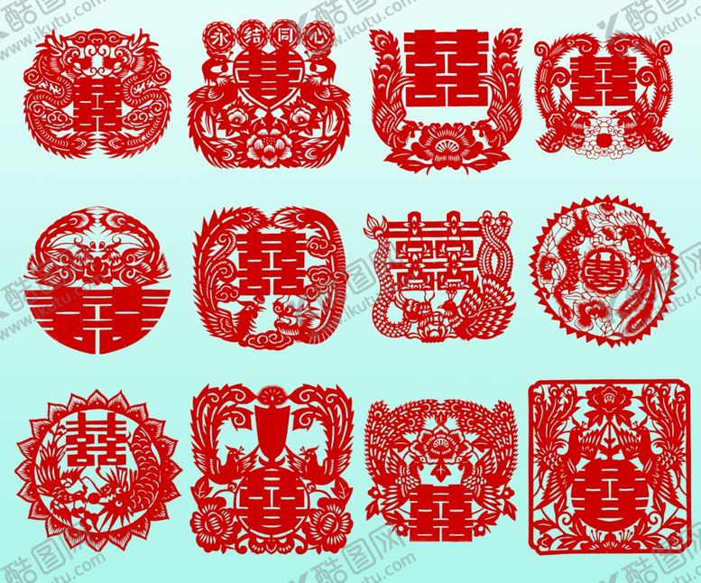 编号：62761411021223148971【酷图网】源文件下载-喜字龙凤剪纸图案集合