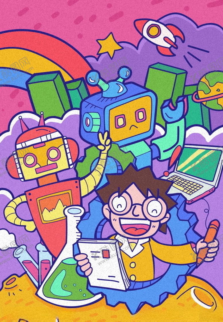编号：90864810051752321967【酷图网】源文件下载-手绘蒸汽波男孩机器人科技插画