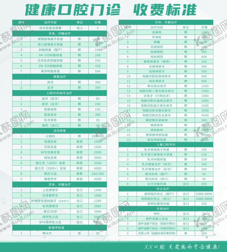 编号：78223211302336075965【酷图网】源文件下载-牙科 口腔 展板 价目