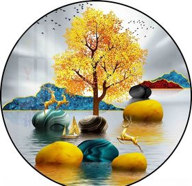 石来运转麋鹿山水圆形装饰画图片