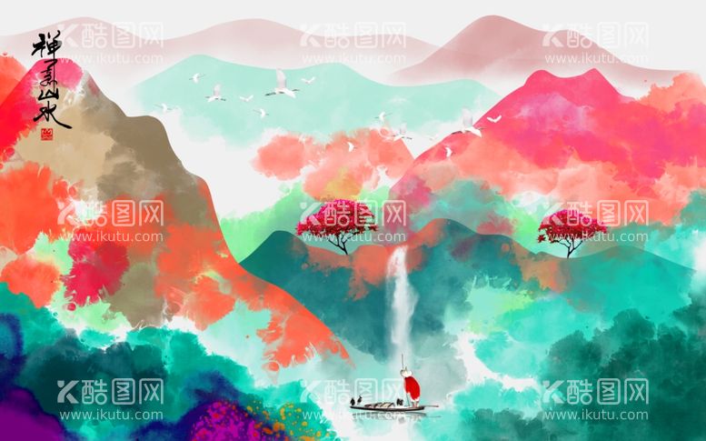 编号：61611412061005122280【酷图网】源文件下载-山水情水彩风景画背景墙