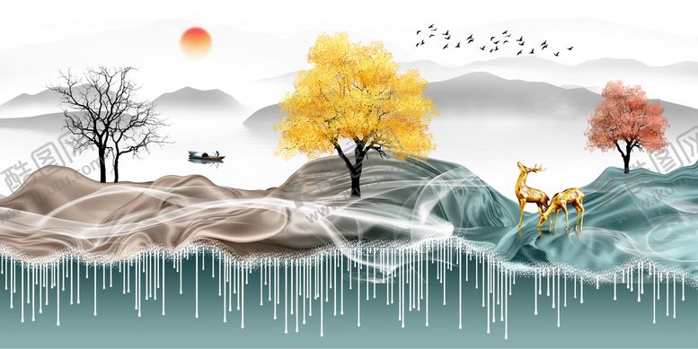 编号：03428909260903264897【酷图网】源文件下载-新中式麋鹿山水背景墙