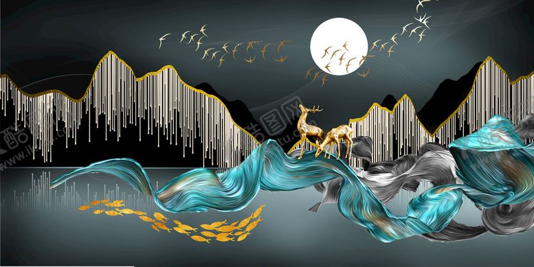 编号：42168709281015208945【酷图网】源文件下载-唯美麋鹿湖畔三联挂画装饰画
