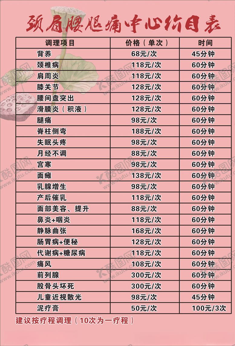 编号：88172910150357421458【酷图网】源文件下载-理疗价目表