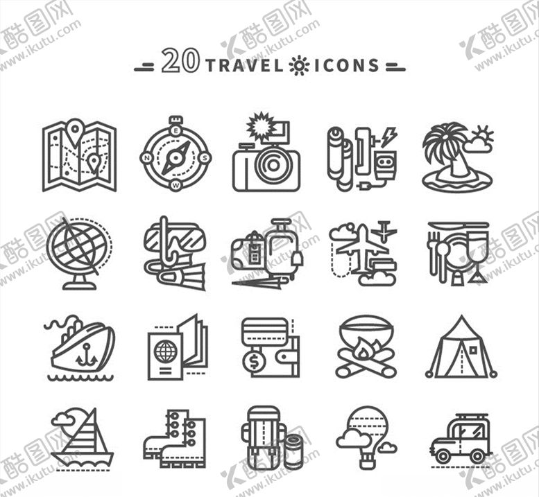 编号：19178611011550138516【酷图网】源文件下载-20款旅行图标矢量素材