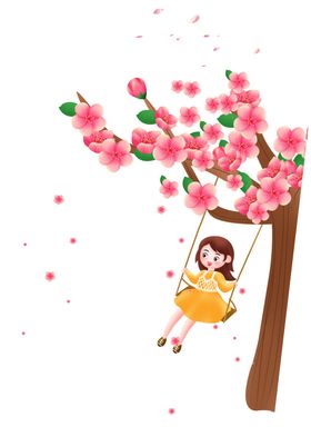 春天樱花秋千小女孩