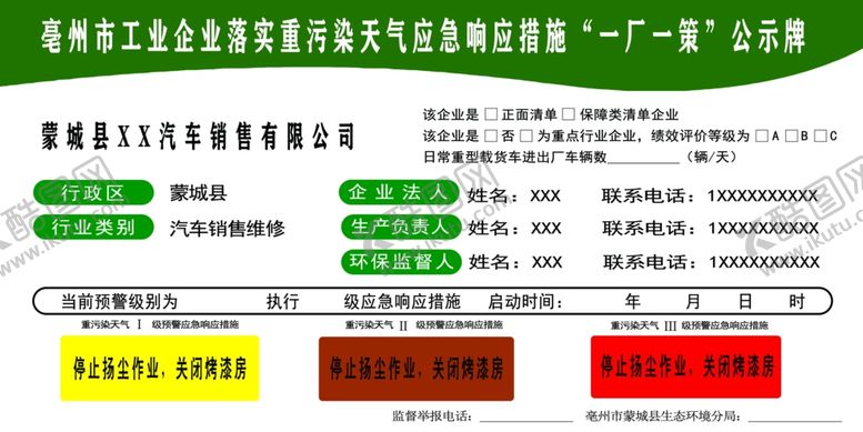 编号：62656709120302435217【酷图网】源文件下载-亳州市环境一厂一策公示牌