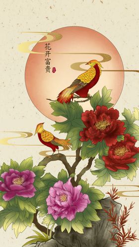 花鸟绘景牡丹枝头栖瑞鸟