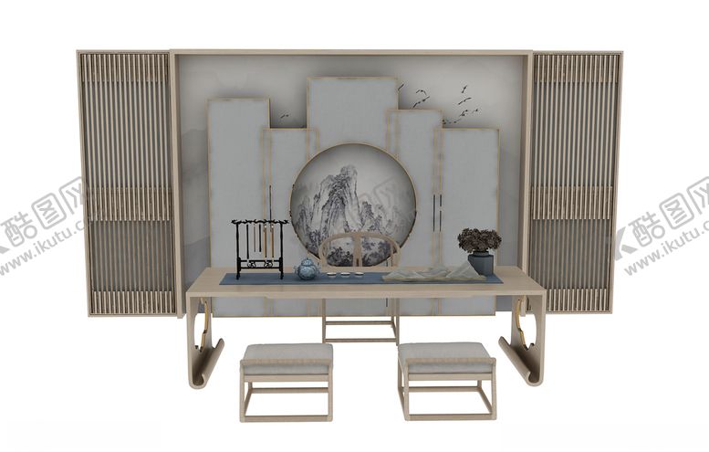 编号：54573609231358001458【酷图网】源文件下载-现代中式禅境书房3d模型