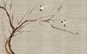 水墨山水简约花鸟背景客厅装饰画欧式风格手绘墙立体墙屏风