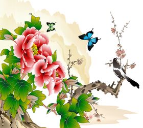 牡丹花富贵图水墨画喜鹊蝴蝶壁画