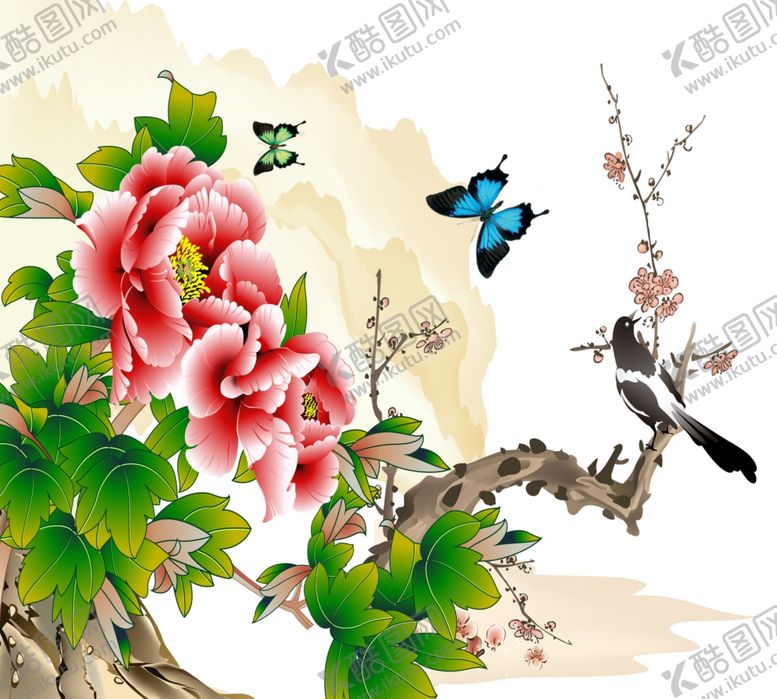 编号：78594306270912061765【酷图网】源文件下载-牡丹花富贵图水墨画喜鹊蝴蝶壁画