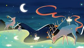 小鹿梦幻夜晚卡通插画背景素材