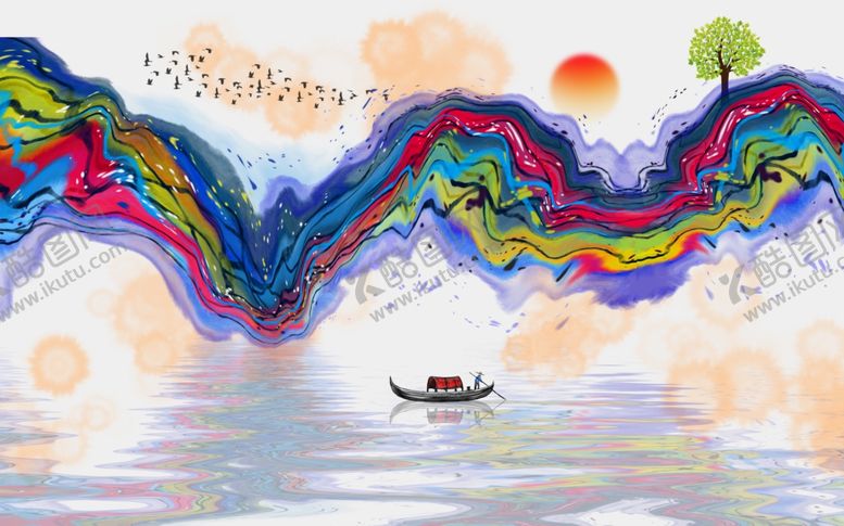 编号：10276709200014453632【酷图网】源文件下载-水墨山水小船大雁背景墙