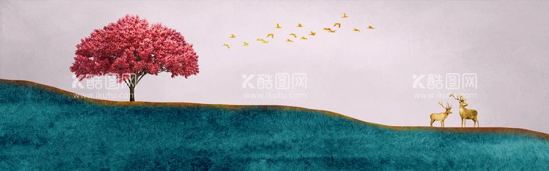 编号：44325310172118034828【酷图网】源文件下载-金色麋鹿意境山水装饰画