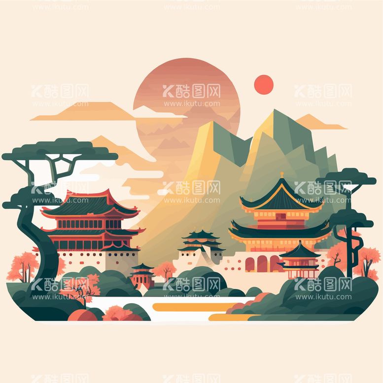 编号：87619009181130365078【酷图网】源文件下载-手绘创意小清新山水风景城市建筑