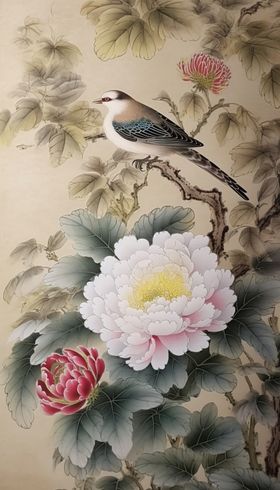 玄关装饰画花鸟白色牡丹花工笔