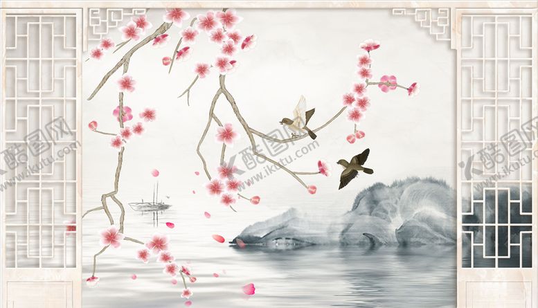 编号：70753604201705305591【酷图网】源文件下载-花鸟画梅花飞鸟造型背景墙