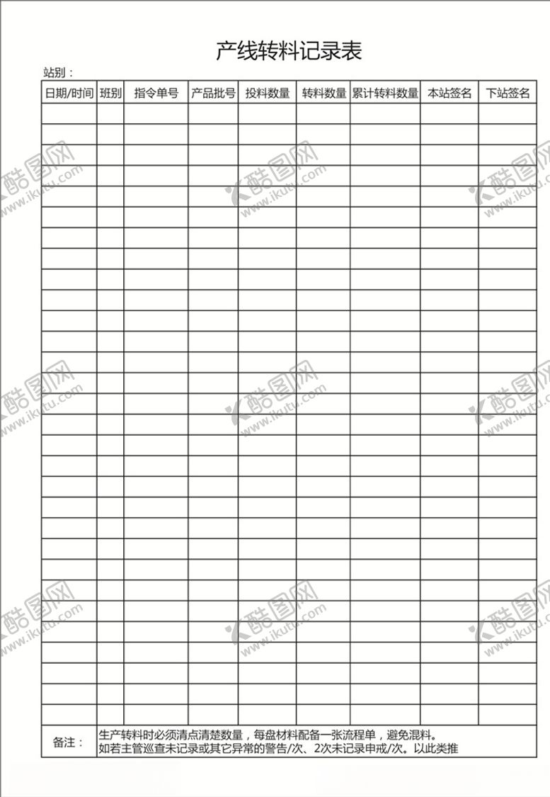 编号：95237910110451441320【酷图网】源文件下载-产线转料记录表