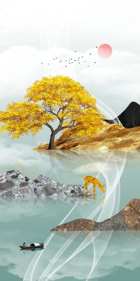 发财树麋鹿金色山水玄关装饰画