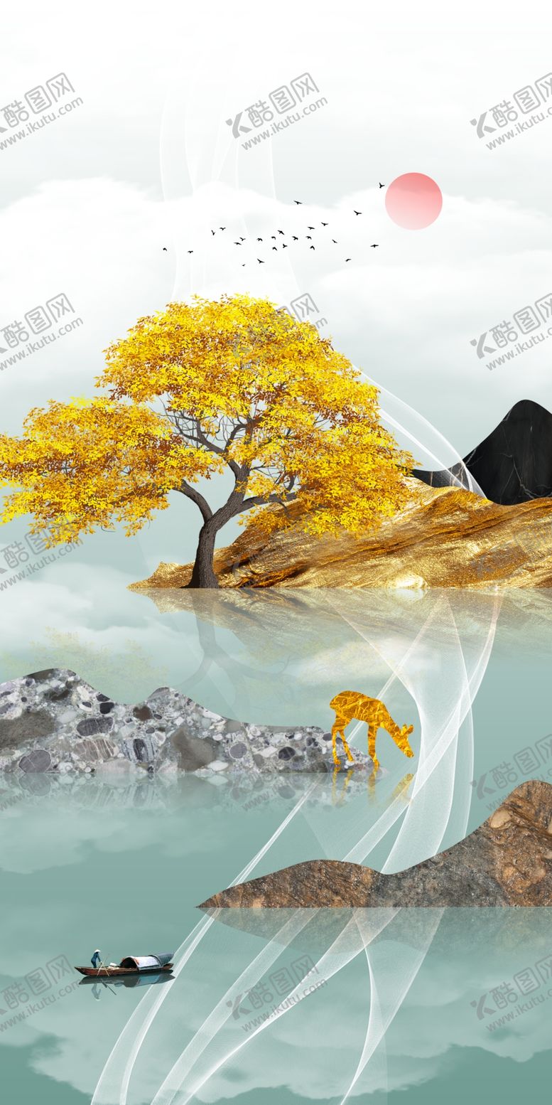 编号：18990510291529102132【酷图网】源文件下载-发财树麋鹿金色山水玄关装饰画
