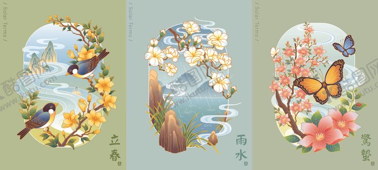 编号：10320609220228371043【酷图网】源文件下载-春日花鸟插画组图四季插画