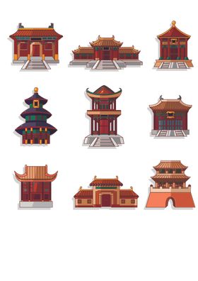 中国传统建筑卡通插画