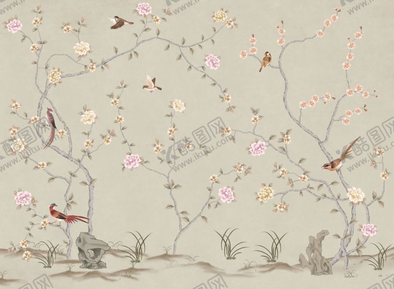 编号：90855606282229112496【酷图网】源文件下载-花鸟画长尾鸟背景墙